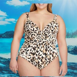 Sofia by Sofia Vergara Women’s Leopard Print Plunge 1-Piece Swimsuit Size 1X